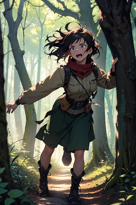 a feral girl in the woods growling like a wild animal 