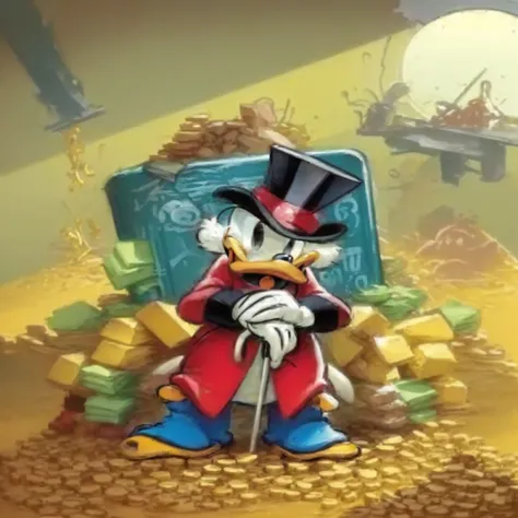 Mickey Mouse and friends in a pit of gold coins, inspired by Carl Barks, by Carl Barks, Pato Donald, inspired by Jacob Pato, Patolino, Official Art, plutocracy, Albert Uderzo, por Hanna-Barbera, capitalist, capitalist clown, promo art, by Bob Singer, quack...