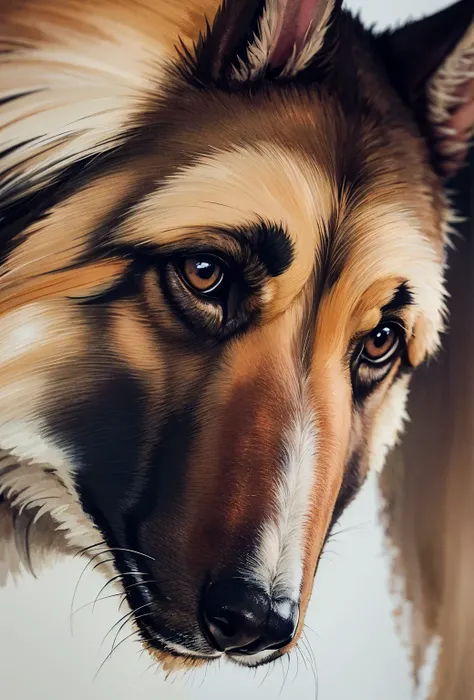 german shepherd dog looking into the lens, watercolor painting, watercolor, excellent quality, details, white background, brushstrokes, (incredibly detailed: 1.4), (extremely fine details: 1.35), extremely sharp lines,