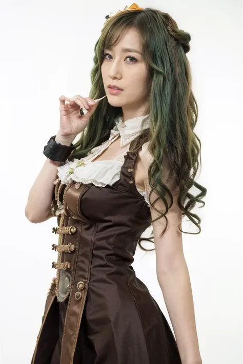 ((Live 2D))  masterpiece, 1 Girl, whole body, Stand Up Straight, Steampunk clothing, military uniform, Looking at the audience, Delicate face, girl with green curls, Bangs, Metal horns, Gradient hair, Colorful hair, Light green hair, Turquoise Hair Tips, c...