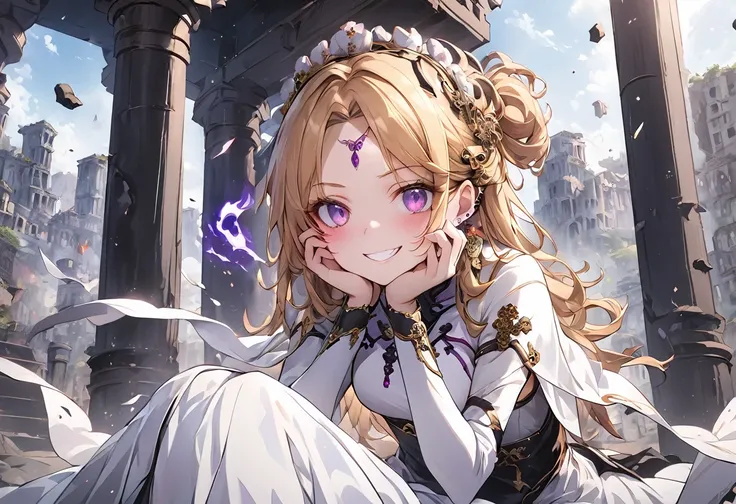 dark persona, ecstasy, looking at viewer, armor, both hands on own face, happy, blush, evil grin, white leg armor, knight, wavy hair, medium hair, octagonal yin yang mirror, purple eyes, audience, forehead jewel, pillars of purple fire, 1 woman, white cape...