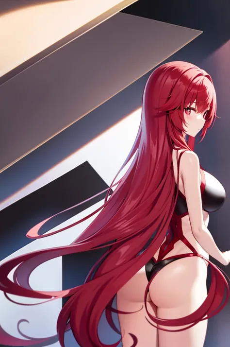 1 persons、solo、animesque、red Hair、1 girl、Silver-eyed、Colossal tits、Big buttocks、Angle from behind、soft long hair、slanted eyes、