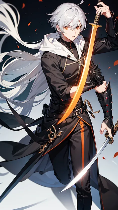 Male character with gray hair and orange eyes with sword and black clothes