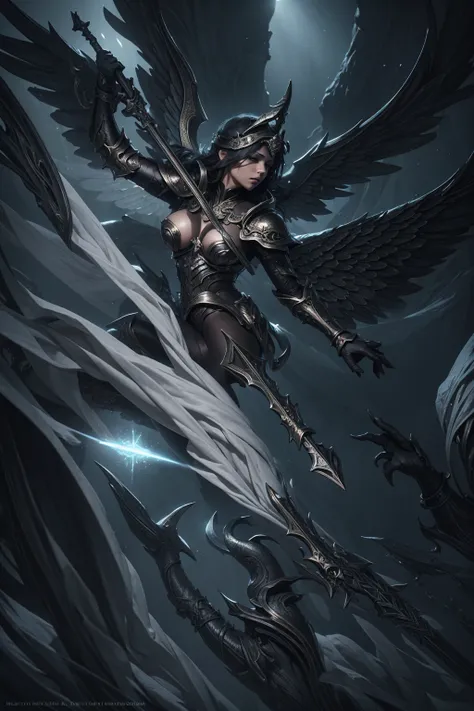 blindfolded, big breast, Divine judgement, sending from the sky, dynamic pose, A beautiful angel woman with huge wings, 2 giant horns, facing forward, in a melancholy pose, with a beautiful sharp face, ultra-detailed, hyper realistic, cinematic lighting, d...