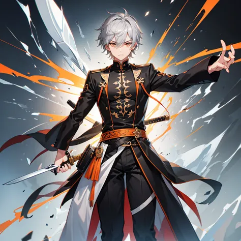 Male character with gray hair and orange eyes with sword and black clothes