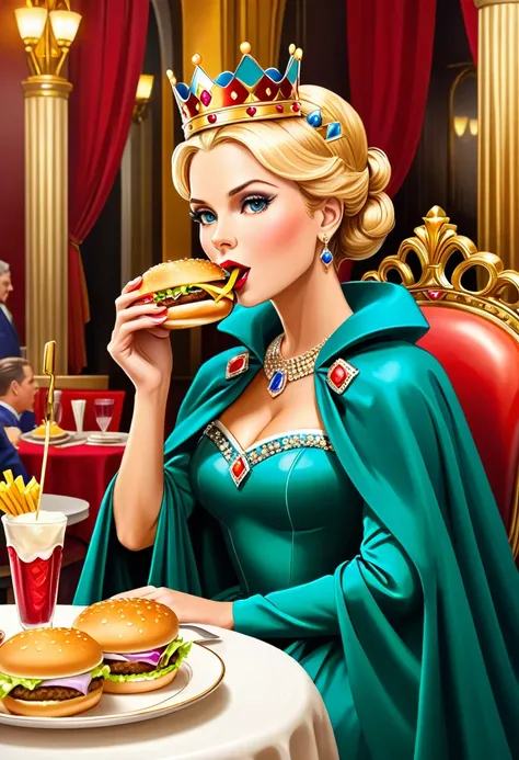  picture of a royal adult queen eating a juicy hamburger, royal queen, blond hair, in a bun, dynamic eye color, wearing a royal (crown:1.2). elegant crown, glamour crown, wearing elegant dress, royal dress, royal cloak, high fashion, wearing high heels, si...