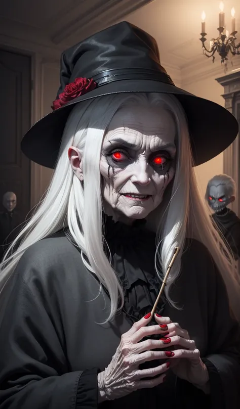 (anime, digital paint, old woman revealing her evil true nature, sinister and creepy, white hair and red eyes, watching the children with a sly smile, dark and twisted interior of the candy house, ominous atmosphere with dim lighting and strange artifacts)