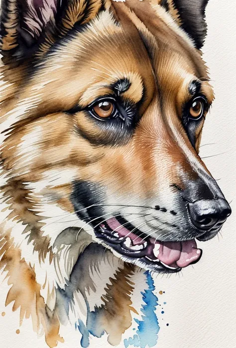 german shepherd dog looking into the lens, watercolor painting, watercolor, excellent quality, details, watercolor texture, brushstrokes, (incredibly detailed: 1.4), (extremely fine details: 1.35), extremely sharp lines,