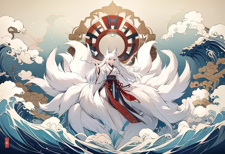 the mythical beast nine tailed white fox in the ancient chinese book of mountains and seas，some of the nine tails are translucen...