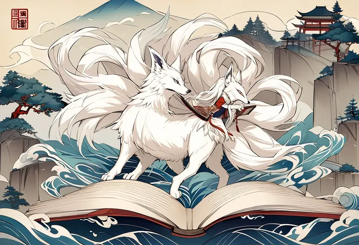 the mythical beast nine tailed white fox in the ancient chinese book of mountains and seas，some of the nine tails are translucen...