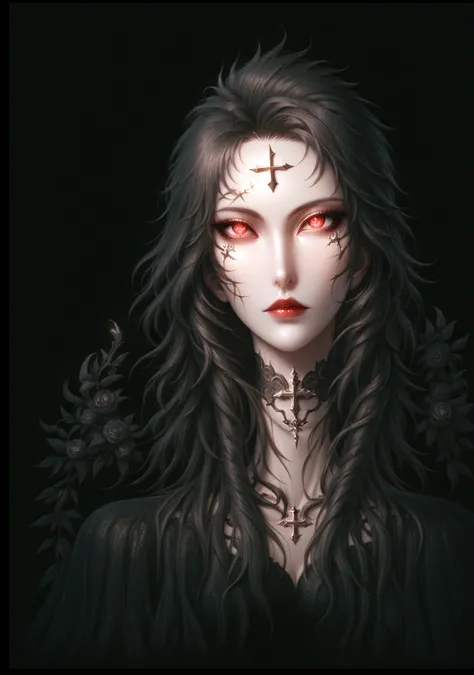 arafed woman with a cross on her forehead and a cross on her forehead, dark fantasy portrait, portrait of a dark witch, in style of dark fantasy art, portrait of a female necromancer, vampire portrait, beautiful necromancer, gothic face, with haunted eyes ...