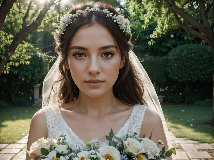 a beautiful bride in a white wedding dress, elegant floral bouquet, dreamy outdoor garden wedding, sunlight streaming through trees, romantic soft lighting, intricate lace details, shimmering jewelry, beautiful detailed eyes, beautiful detailed lips, extre...