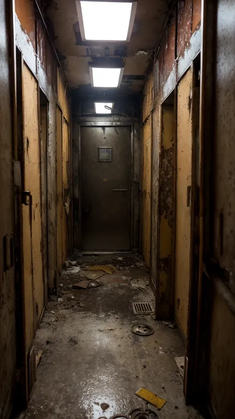 Description: An old, run-down elevator with flickering lights. The interior is grimy, with rust and stains visible on the walls and floor. The buttons are worn and some are missing.
Key Elements: Flickering lights, rust stains, a sense of claustrophobia.
