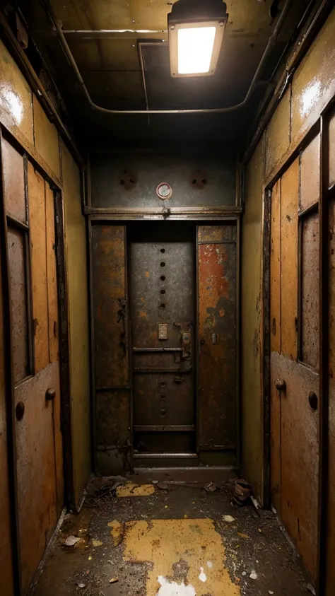 Description: An old, run-down elevator with flickering lights. The interior is grimy, with rust and stains visible on the walls and floor. The buttons are worn and some are missing.
Key Elements: Flickering lights, rust stains, a sense of claustrophobia.
