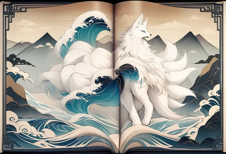 hd,the mythical beast nine tailed white fox in the ancient chinese book of mountains and seas，some of the nine tails are translu...