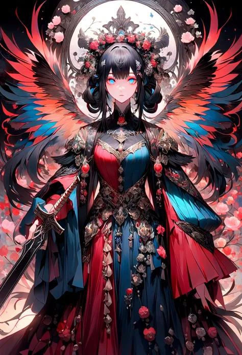 Danfeng Eyes，bushido，The upper part of the body，Black coiled hair，Simple hairpins，Cold eyes，solo person，orthofacial，frontage，Peach blossom background，Highly saturated colors，Hyper Real，8K high-definition，holding a longsword，Absolutely beautiful，high light，...