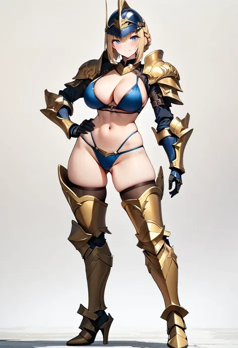 (masterpiece:1.2), (highest quality:1.2), 1girl, solo, armor, simple-background, bikini-armo, breasts, full-body, blue-eyes, large-breasts, blonde-hair, thighhighs, navel, gauntlets, shoulder-armor, pauldrons, cleavage, hand-on-hip, armored-boots, standing...