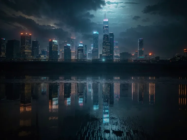 a night city, skyscrapers, cityscape, reflections on water, neon lights, rain, wet streets, moody atmosphere, dramatic lighting, cinematic, cyberpunk, sci-fi, (best quality,4k,8k,highres,masterpiece:1.2),ultra-detailed,(realistic,photorealistic,photo-reali...