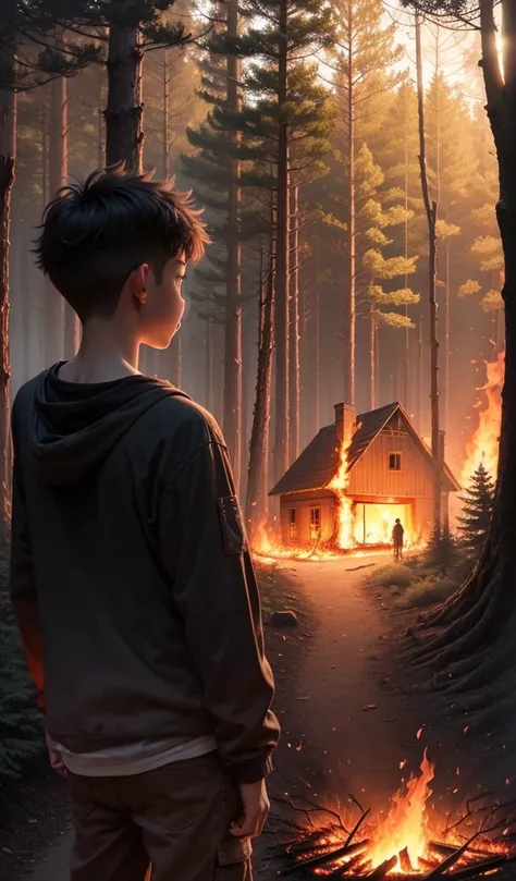 (anime, digital paint, 1 boy and 1 girl children pausing at a safe distance, looking back at the burning candy house in deep forest, faces illuminated by the glow of the fire, mixture of relief and lingering fear, forest surrounding them)