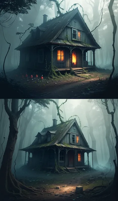 (anime, digital paint, burned candy house in deep forest, remnants of candy and sweets scattered around, eerie and dark atmosphere, forest reclaiming the area with vines and plants growing over the ruins, sense of nature taking over, epic final scene)