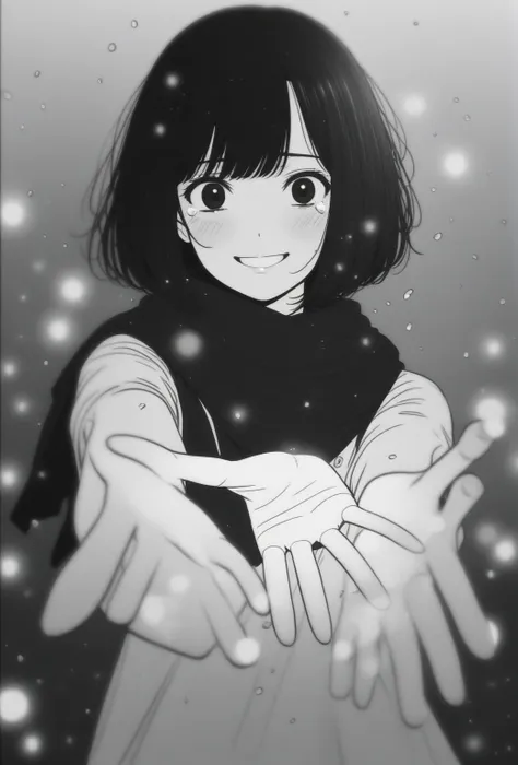 masterpiece, best quality, 1girl, mamerakkkkko, grayscale, manga style, japanese, chi no wadachi, black eyes, street, iced, blac...