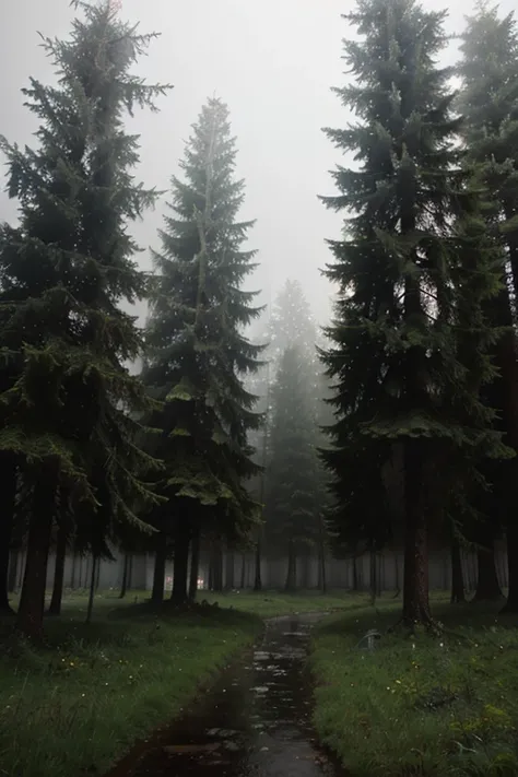 coniferous forest,rain,fog