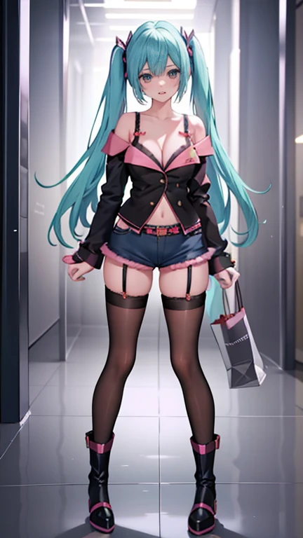 1girl,solo,standing,large breasts, cleavage, 
Denim Shorts, off shoulder, buttons, navel, lace-trimmed legwear, arms at sides,  boots, light smile, hatsune miku, full body veiw, in a modern shopping mall