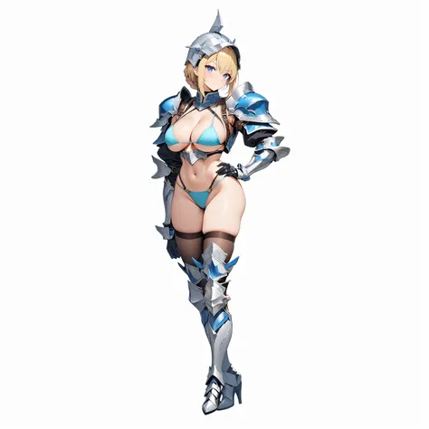 (masterpiece:1.2), (highest quality:1.2), 1girl, solo, armor, simple-background, bikini-armo, breasts, full-body, blue-eyes, large-breasts, blonde-hair, thighhighs, navel, gauntlets, shoulder-armor, pauldrons, cleavage, hand-on-hip, armored-boots, standing...