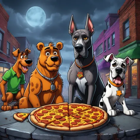  characters. cartoon realistic art-style, | with a Shaggy’s_FACE “In the body From Freddy” is a brown animatronic bear and the star attraction of the original Freddy Fazbears Pizza) separately illustrated next to him sits (((great dane “Scooby-Doo”))). (Da...