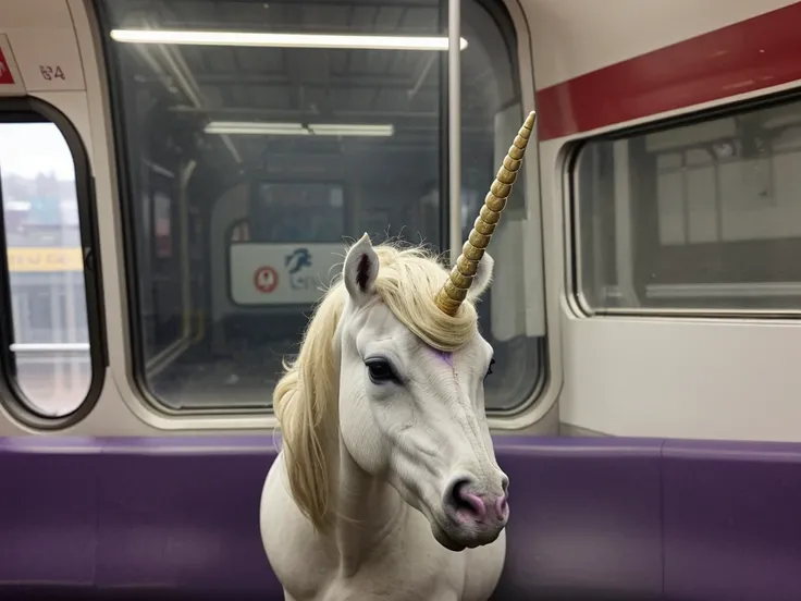 a unicorn with a broken horn thats happy. its riding a train that doesnt have smoke, it has horns coming out of it.