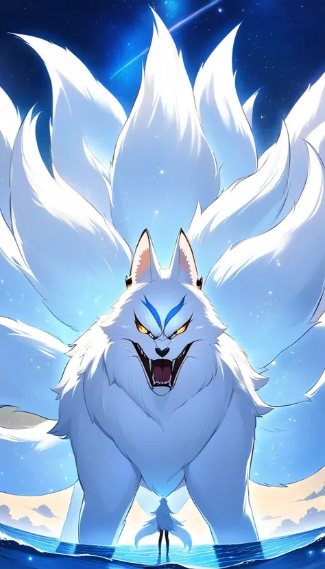 gigant nine-tailed white fox is in front of you, (angry, roaring),on top of the ocean in the starry sky at night,(((animal)))