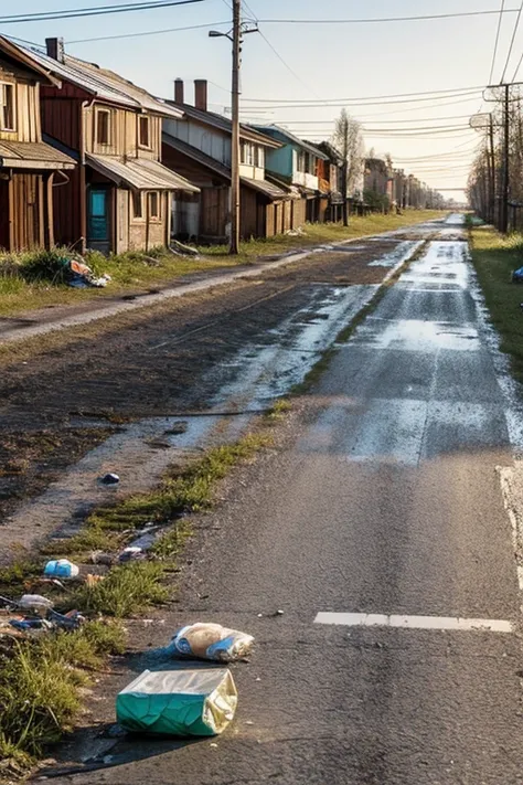 A rural street in Russia is littered with garbage. Objects: There are village houses on both sides of the street road. Various rubbish is scattered on different sides of the street road.