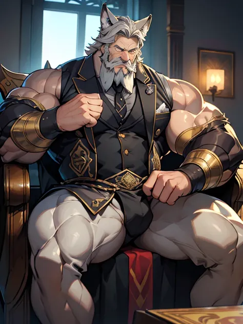 burly virile hairy man, with two wolf ears and a bushy tail, in a suit of armor, middle-aged, hirsute, overmuscular and musclebound, bulging veiny muscles, a warriors build, a bodybuilders physique, long bushy and a thick mustache, a square jaw, handsome a...