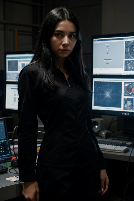 Technician in suit of black-haired young woman with serious expression., in the background is a large scientific observatory with many large screens and staff