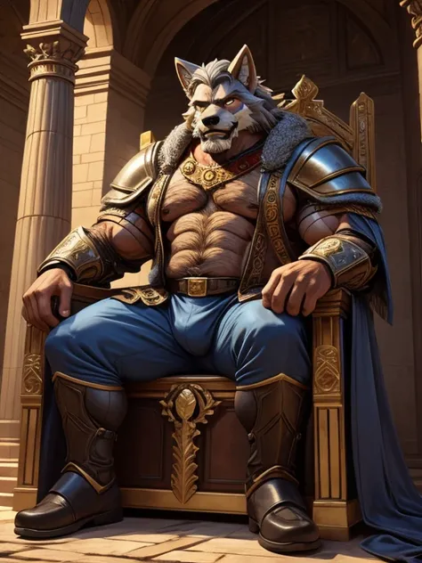 burly virile hairy man, with two wolf ears and a bushy tail, in a suit of armor, middle-aged, hirsute, overmuscular and musclebound, bulging veiny muscles, a warriors build, a bodybuilders physique, long bushy and a thick mustache, a square jaw, handsome a...