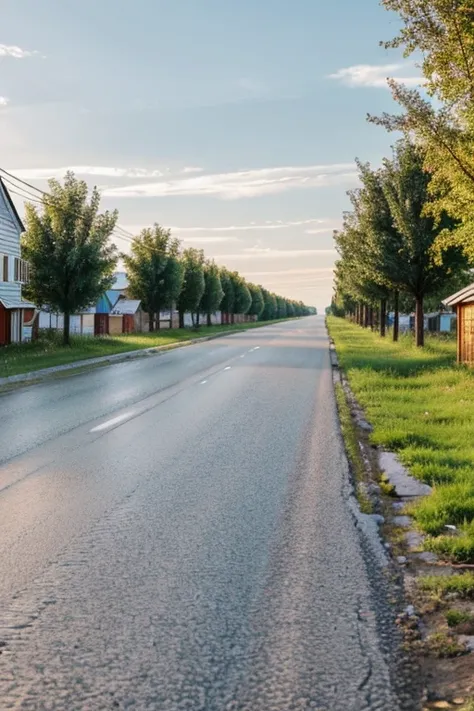 Rural street in Russia is clean. Objects: There are village houses on both sides of the street road. There is no garbage on different sides of the street road.