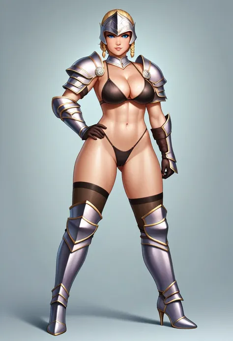 (masterpiece:1.2), (highest quality:1.2), 1girl, solo, armor, simple-background, bikini-armo, breasts, full-body, blue-eyes, large-breasts, blonde-hair, thighhighs, navel, gauntlets, shoulder-armor, pauldrons, cleavage, hand-on-hip, armored-boots, standing...