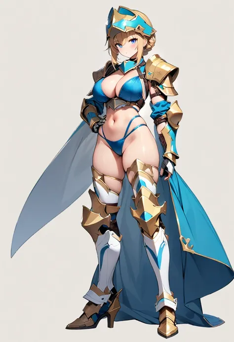 (masterpiece:1.2), (highest quality:1.2), 1girl, solo, armor, simple-background, bikini-armo, breasts, full-body, blue-eyes, large-breasts, blonde-hair, thighhighs, navel, gauntlets, shoulder-armor, pauldrons, cleavage, hand-on-hip, armored-boots, standing...