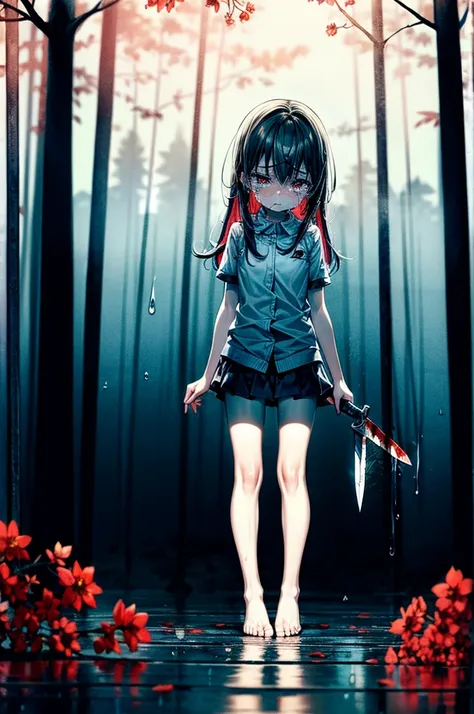 Loli, pale skin, sad face, cry, kneeing pose, very long multicolored hair, knife in hend, mantle, bare feet, dark forest, red flowers, focus on body, rainy weather, blood everywhere 