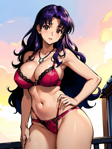 (masutepiece),(Best Quality), Katsuragi Misato,  Brown eyes,  Cross Necklace,  Big breasts、((Smaller head)）、1 female、Urban streets、Pink lace underwear、front-facing、stoop、BIG ASS，Huge breasts，Textured skin、extremely detailed eye and face、beatiful detailed e...