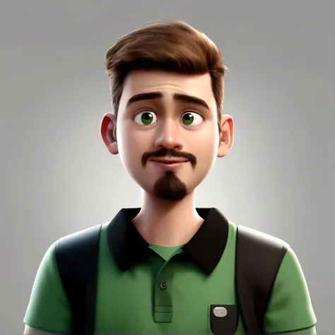 Young man with light brown hair, green eyes, with a goatee, green polo shirt with blue collars in a computer office