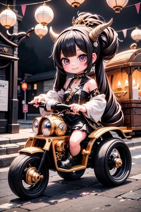 a cute chibi horned demon queen smiling, wearing a queen crown, intrincate hairstyle, steampunk street at night illuminated by candles and lanterns, driving a steampunk funny carriage racing kart