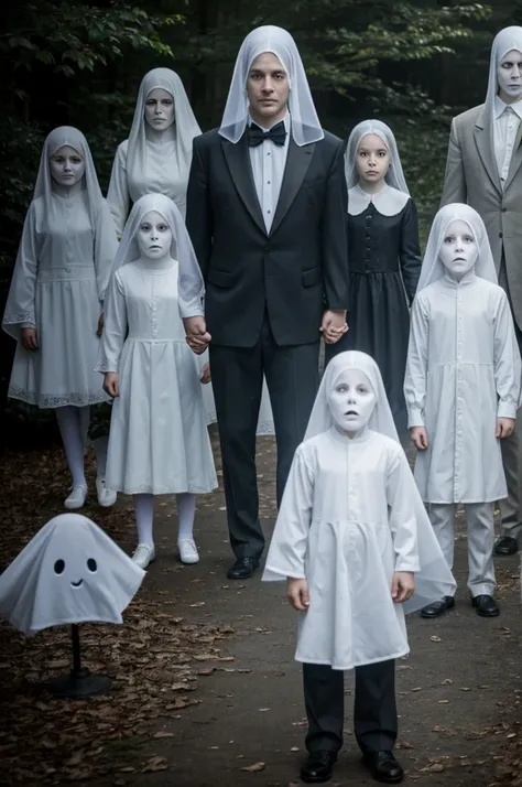 A whole family of ghosts, a small but complete family, 2 parents 1 son and a daughter, ghostly family with white eyes