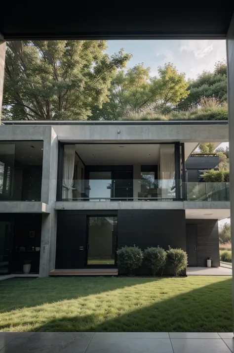 Raw photo of modern architecture,  house, Fujifilm XT3, full Shot, high quality,  best quality,  authentic, super detail, 8k uhd, indoors, dark tone,daylight, sky, tree, grass, natural stone,