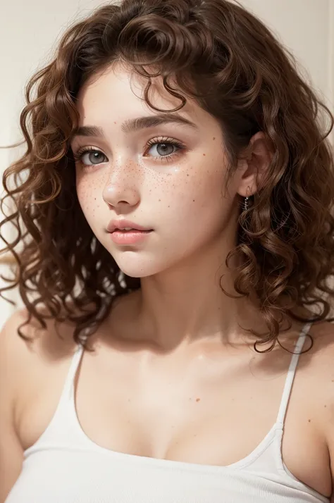 A woman with curly hair, white,eyes browns,small freckles on the face, a birthmark above the lips, The curvy body, studying physical education