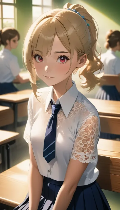 (Tabletop, Highest quality:1.2), 8K, 18-year-old, 85mm, Official Art, RAW Photos, Absurd, White dress shirt, Cute face, close, Upper Body, Viola Lace, Gardenia, beautiful girl, , (Navy Pleated Skirt:1.1), Squeeze the waist, Thighs, Short sleeve, classroom,...