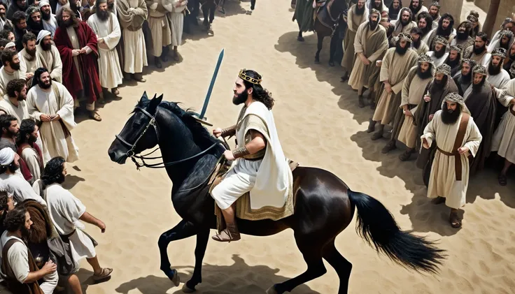 Image seen from above. 30-year-old man, white, black hair, of Jewish origin, dressed as a king from the time of Israel before Christ, on a horse fleeing from several men with swords in tunics. Hyper realistic image.