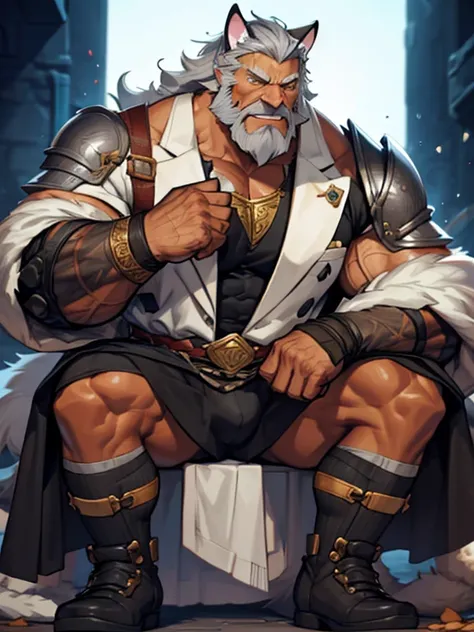 burly virile hairy man, with two wolf ears and a bushy tail, in a suit of armor, middle-aged, hirsute, overmuscular and musclebound, bulging veiny muscles, a warriors build, a bodybuilders physique, long bushy and a thick mustache, a square jaw, handsome a...