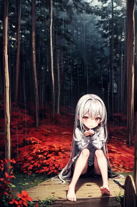 loli, pale skin, sad face, cry, kneeing pose, very long multicolored hair, knife in hend, mantle, bare feet, dark forest, red fl...