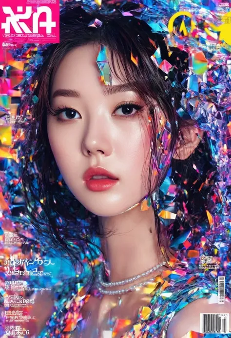 (magazine cover:1.3),ulzzang-6500, (realistic: 1.3) (original: 1.2), masterpiece, best quality, beautiful clean face, fullbody, 1girl, glitch art, (digital distortion), pixelated fragments, data corruption,colorful noise, visual chaos,contemporary aestheti...